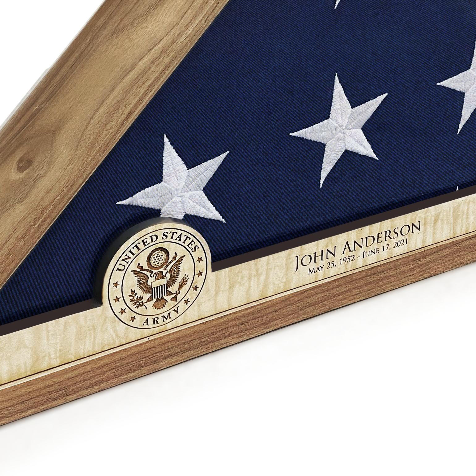 Crafted Memorials Flag Display Case Army Emblem engraving personalization closeup