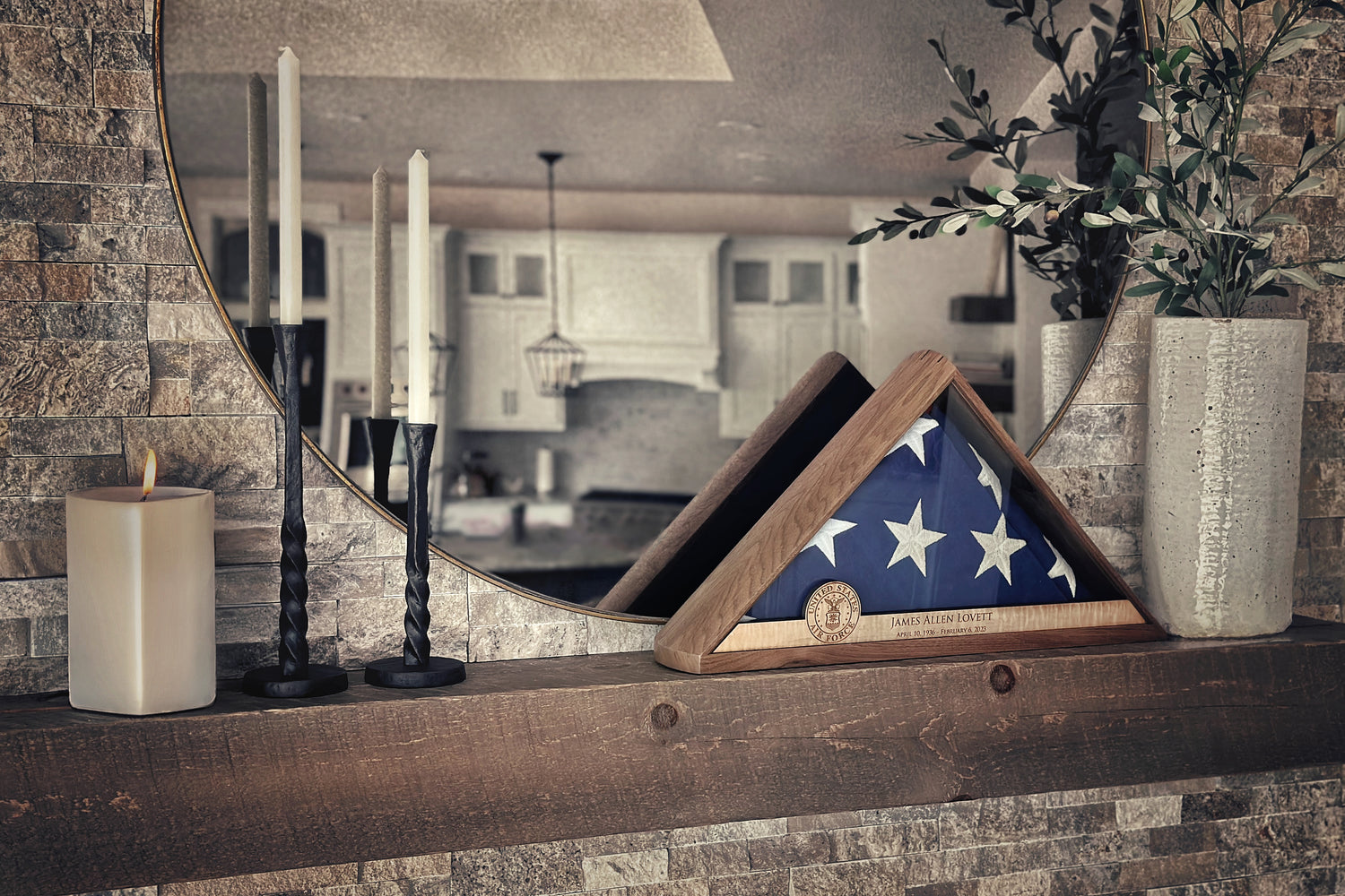 Crafted Memorials Flag Display Case on a Fireplace Counter by the mirror
